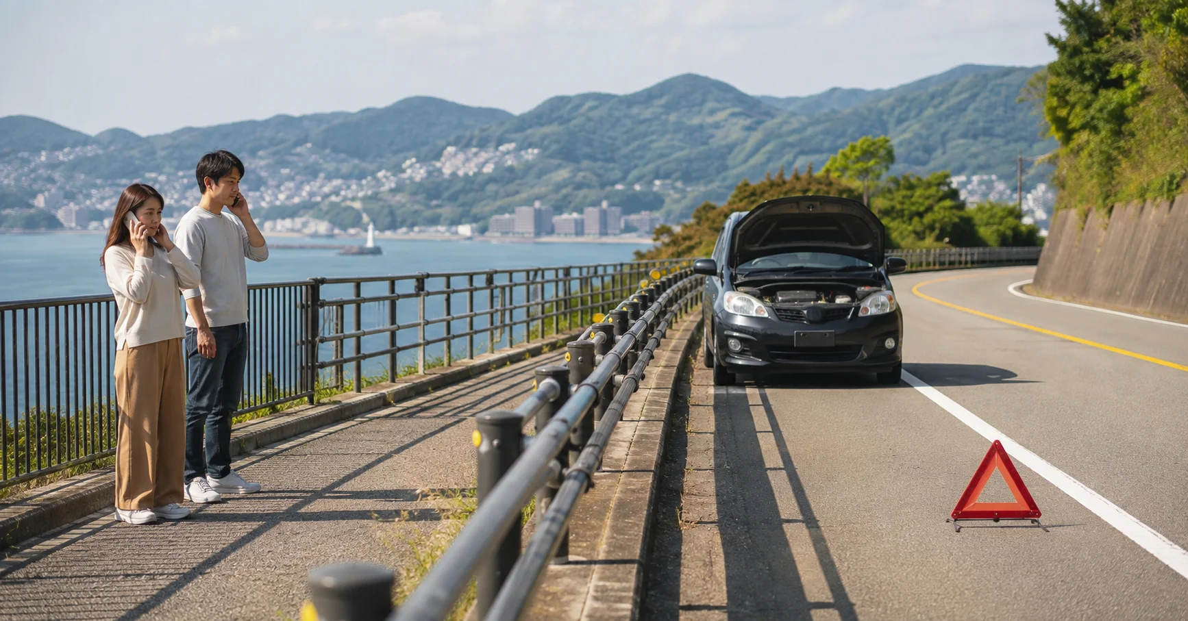 長崎の道路で故障車から離れ、ガードレールの外側で安全を確保する様子
