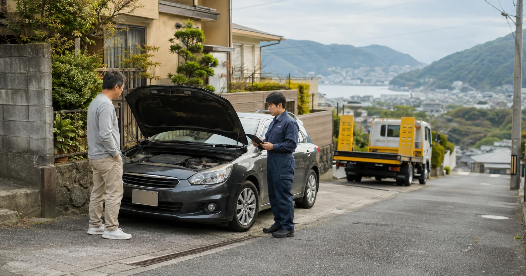 長崎で自走できない車の出張査定を受ける様子