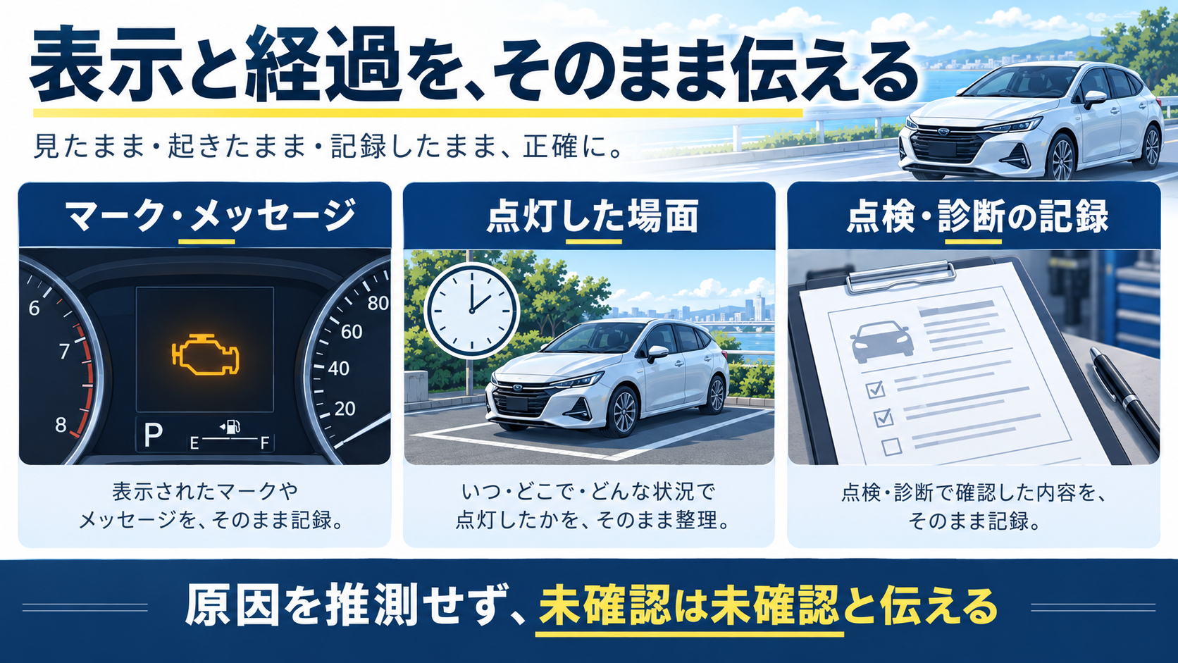 警告のマークと表示文、気づいた場面、点検履歴を整理する図