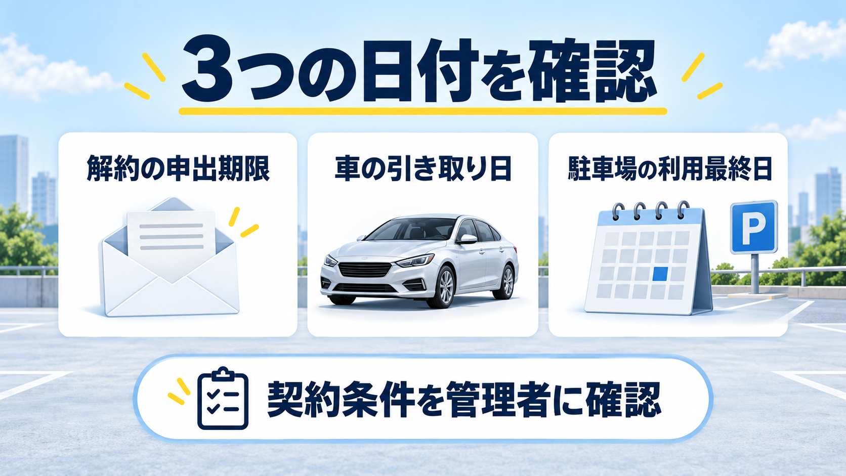 解約の申出期限、車の引き取り日、駐車場の利用最終日を分けて確認する図