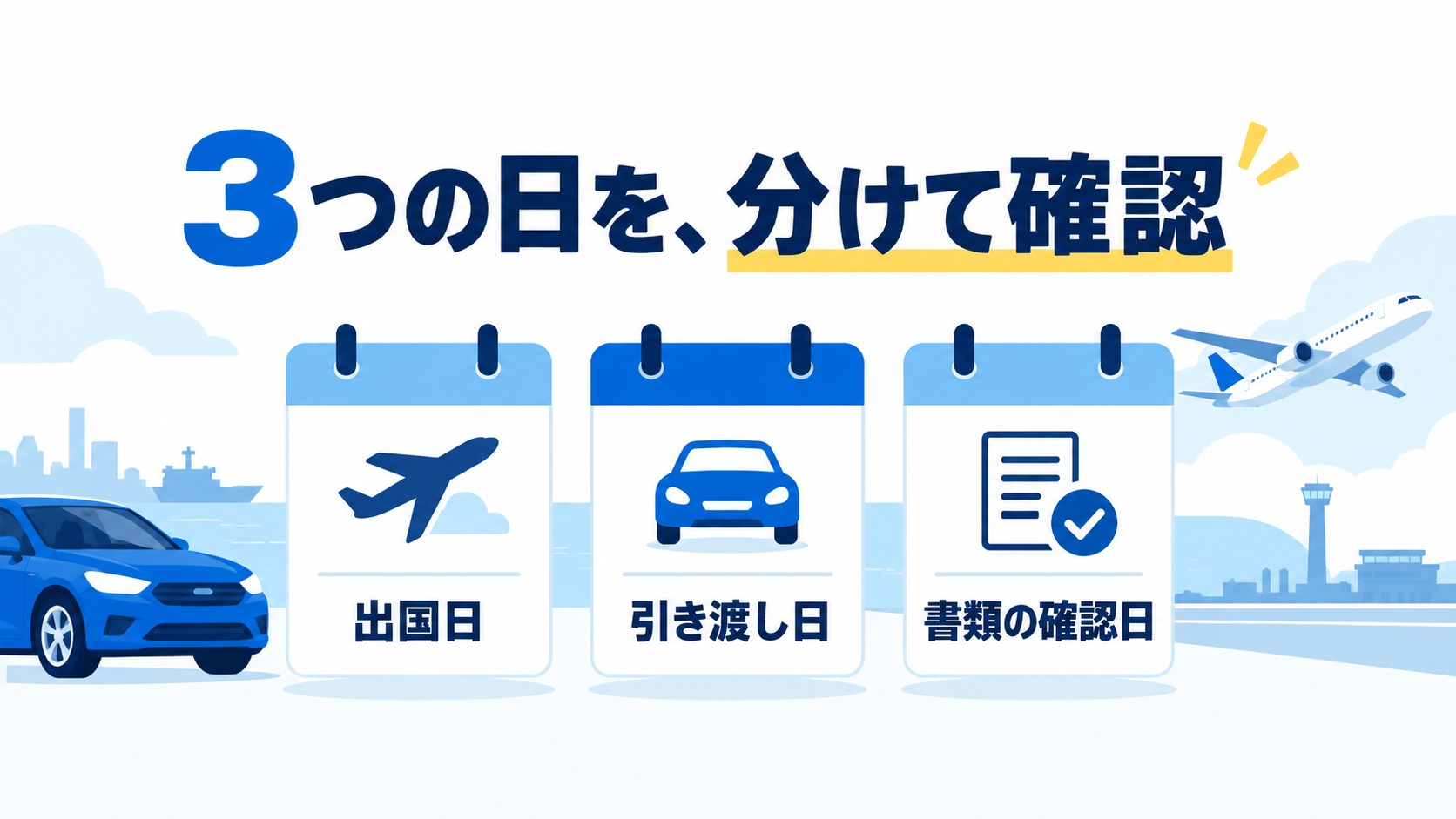 出国日、車の引き渡し日、書類の確認日を分けて整理する図