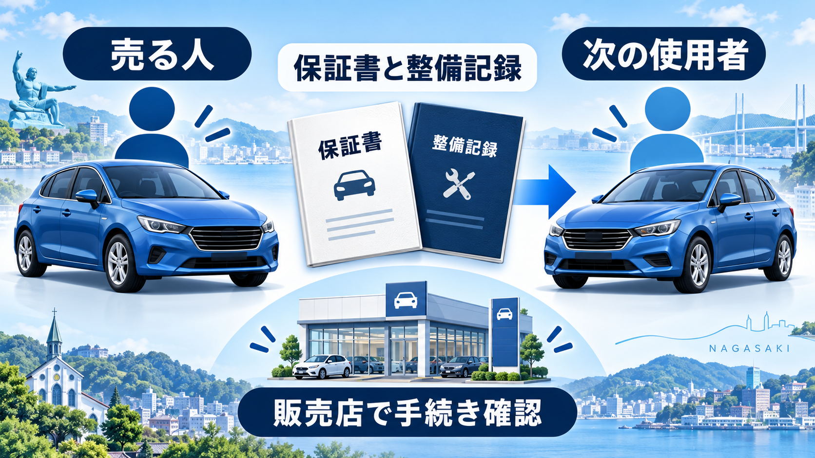 車を売る人が保証書と整備記録を次の使用者へ渡し販売店で保証継承の条件を確認する図