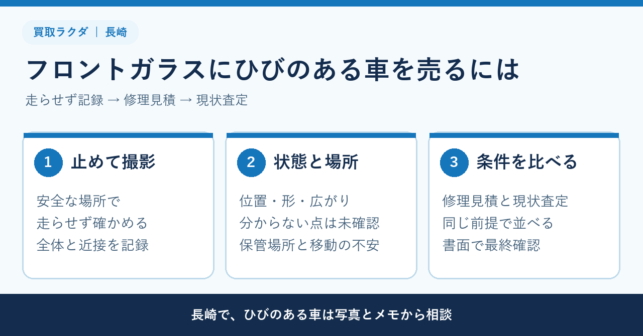フロントガラスに飛び石のひびがある車を売るには？長崎で修理前に査定相談する準備