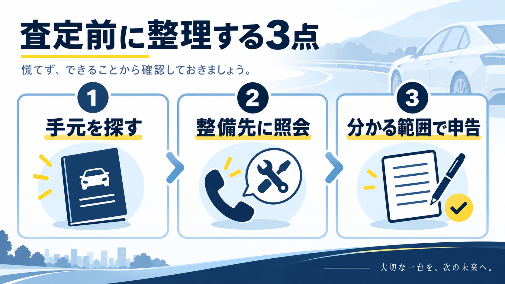 記録簿が見当たらないときに探す、整備先へ照会する、分かる範囲で申告する順番