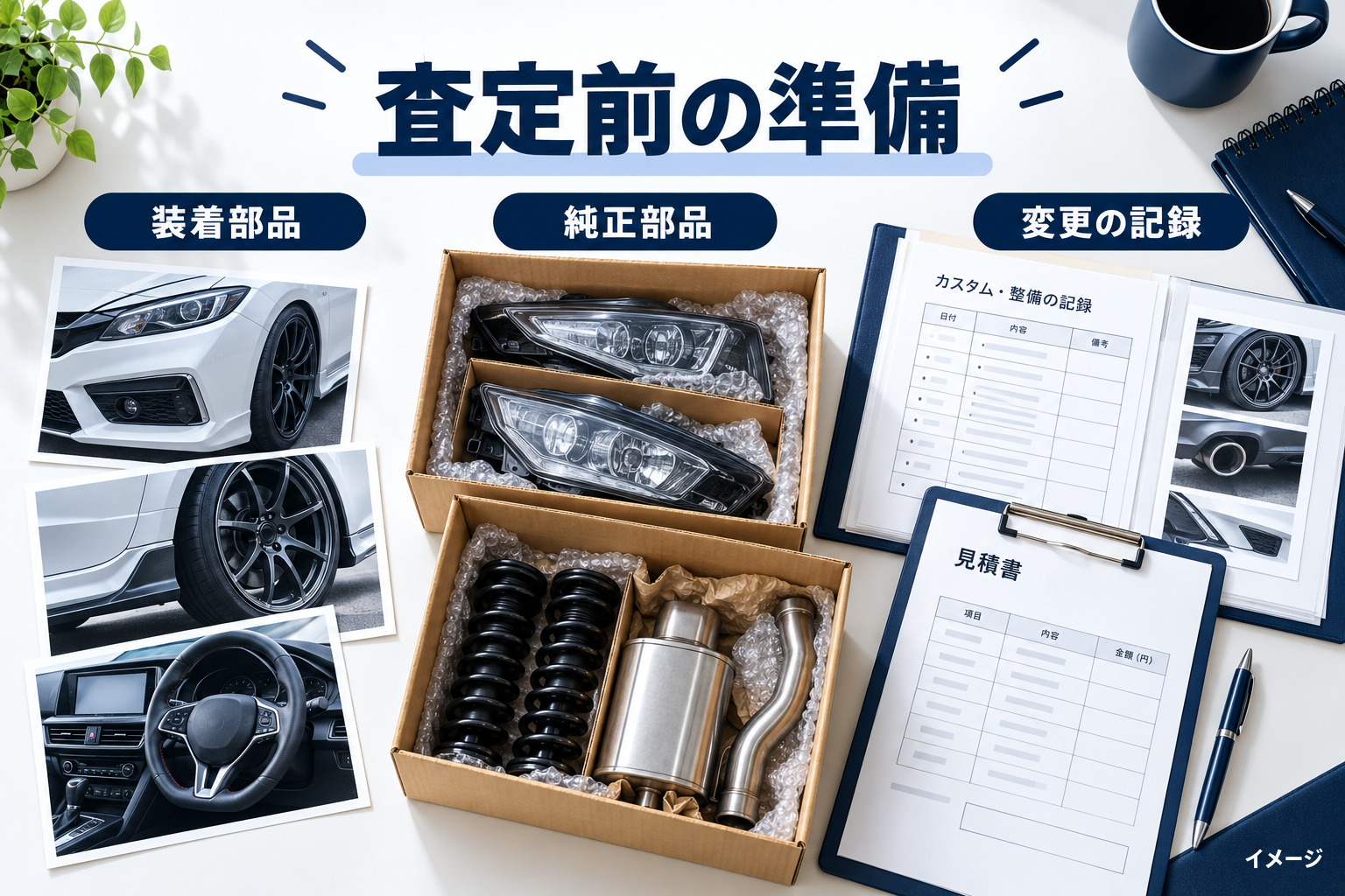 社外パーツ付き車の査定前に装着部品と純正部品と変更記録を整理するイメージ
